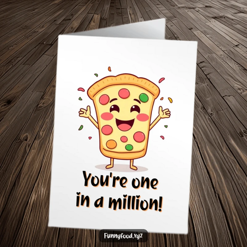 Funny free printable congratulations card: A grinning pizza slice happily throwing confetti, celebrating your amazing achievement.