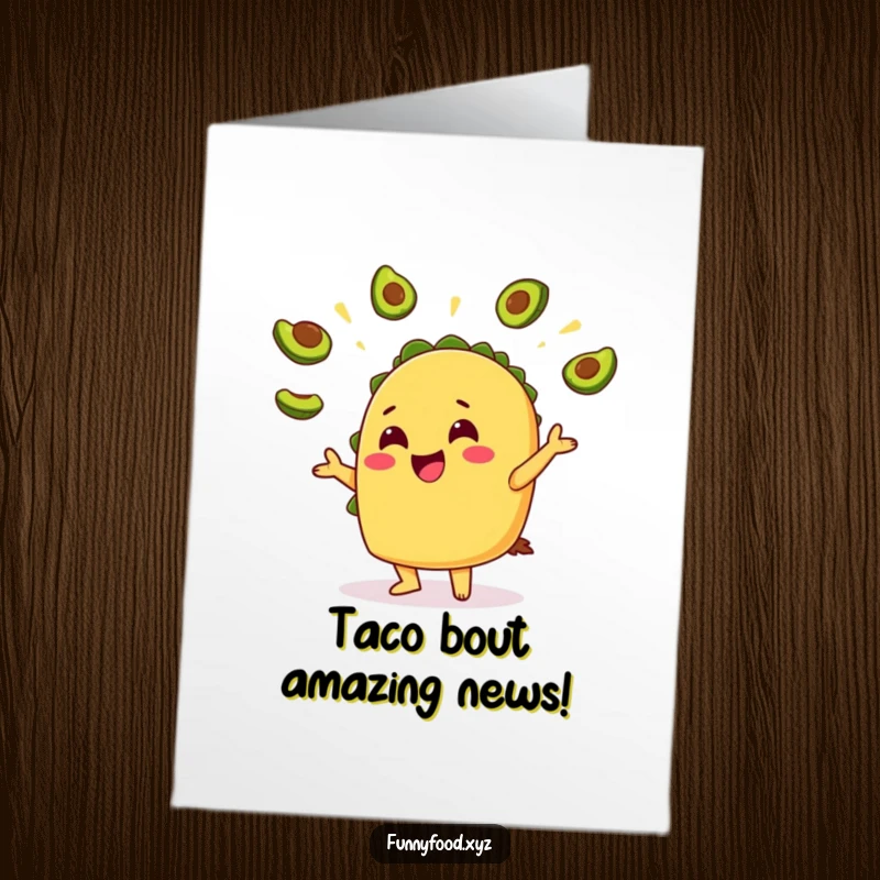 Funny Free Printable Congratulations Card: Cheerful taco juggling avocado slices, celebrating a tasty success.
