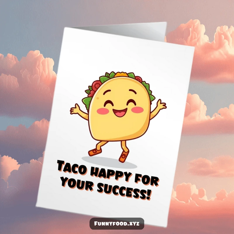 Funny Free Printable Congratulations Card: A happy taco with legs dances the salsa, celebrating a joyous occasion.