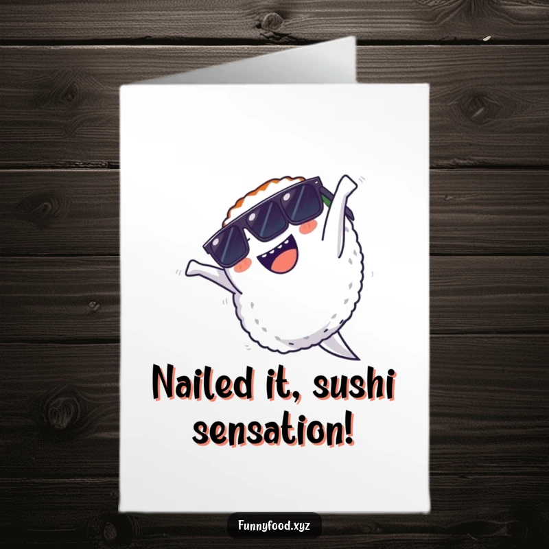 Funny Free Printable Congratulations Card: A sunglasses-wearing sushi performs an impressive backflip, conveying excitement and joy.