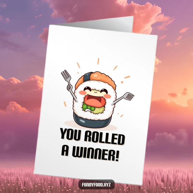 Funny Free Printable Congratulations Card: A happy sushi roll character juggling tiny forks, perfect for any celebration.