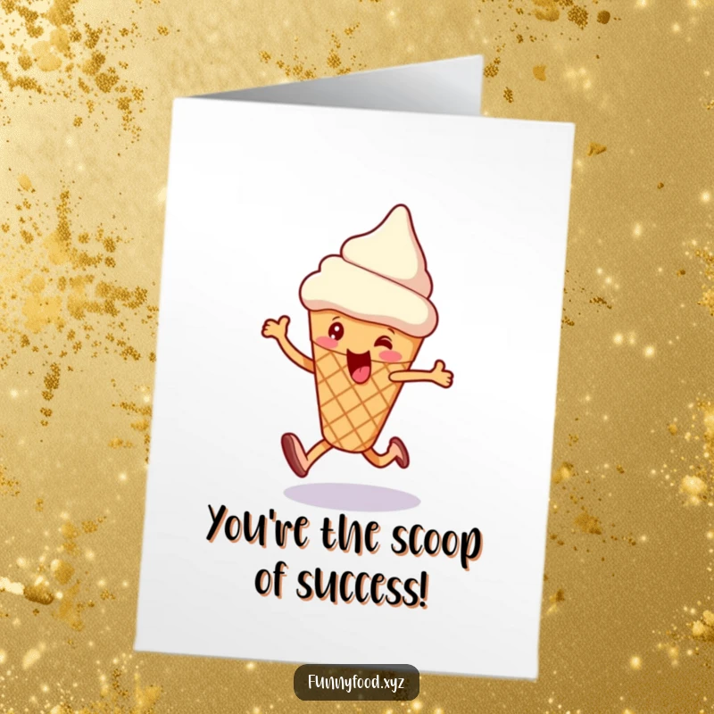 Funny Free Printable Congratulations Card: An ice cream cone with a smile does a happy skip, celebrating achievements.