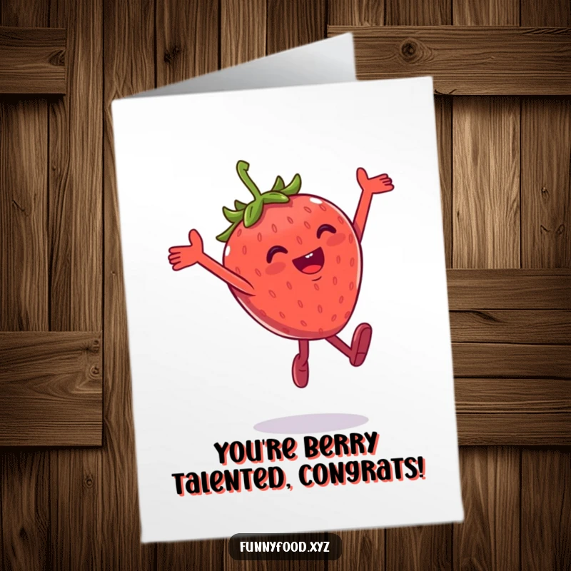 Funny Free Printable Congratulations Card: A gleeful strawberry performing an energetic, playful leap towards the sky.