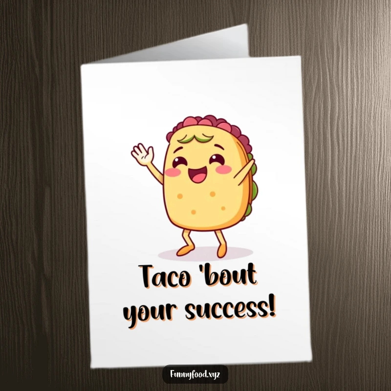 Funny Free Printable Congratulations Card: Anthropomorphic taco with legs dances energetically, waving happily.
