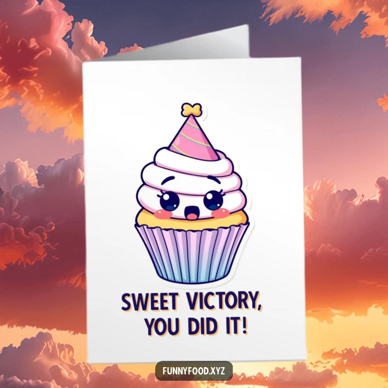 Funny Free Printable Congratulations Card: A surprised cupcake in a party hat, embodying the shock of a successful event.