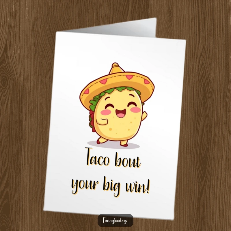 Funny Free Printable Congratulations Card: A delighted taco wearing a mini sombrero is caught mid-shimmy, celebrating success.