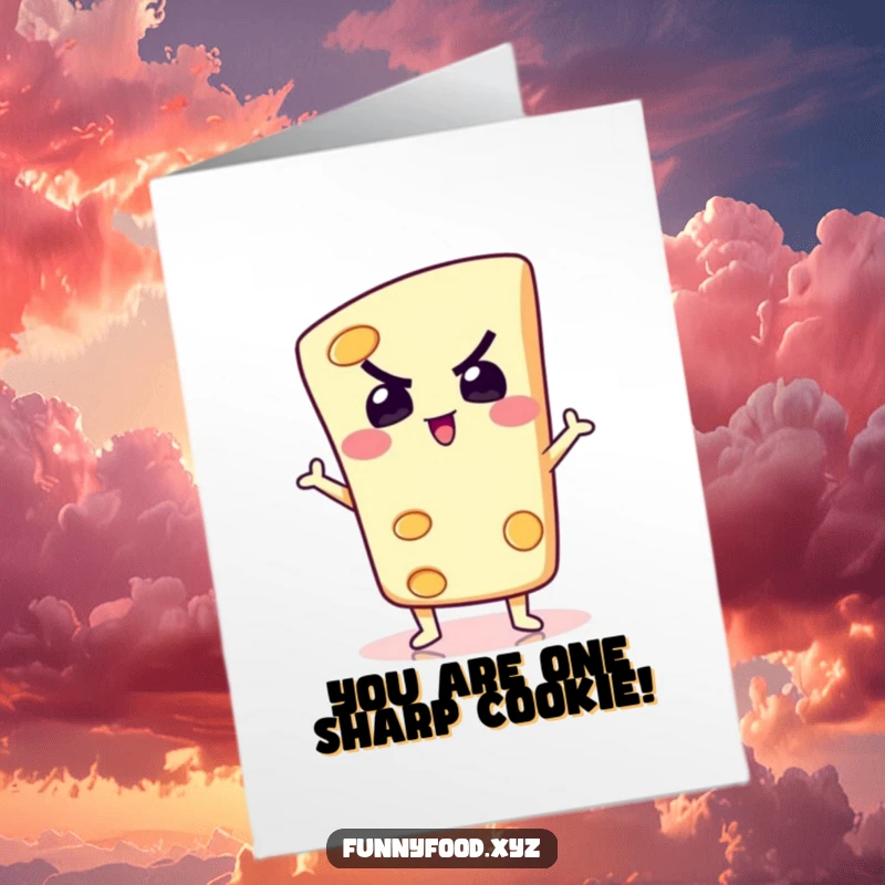 Funny Free Printable Congratulations Card: A determined cheese slice performs a silly pose, celebrating success with cheesy humor.