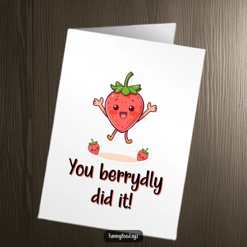 Funny Free Printable Congratulations Card: A shocked strawberry character jumps with glee, celebrating an amazing accomplishment.