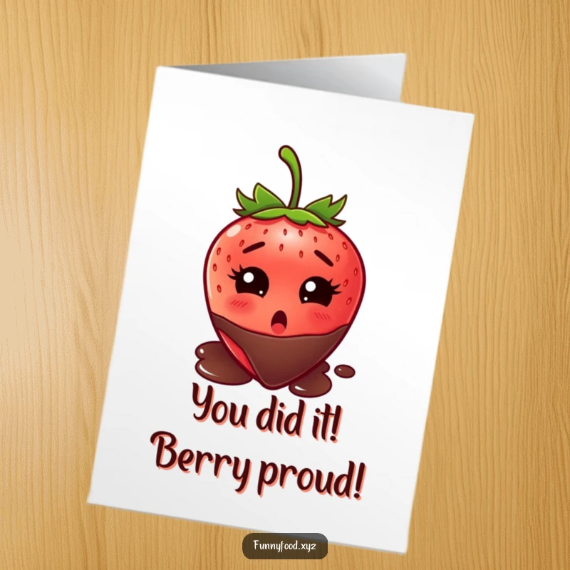 Funny Free Printable Congrats Card: Stunned strawberry about to be dipped in chocolate, a comical downloadable greeting.