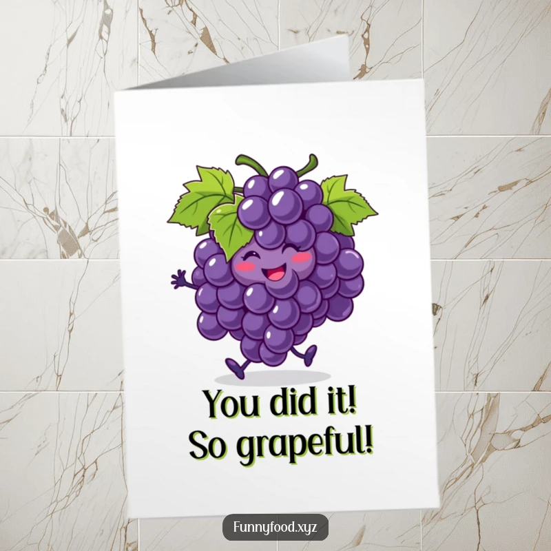 Funny Free Printable Congrats Card: A smiling bunch of grapes jigs while one grape rolls off, a fun downloadable.