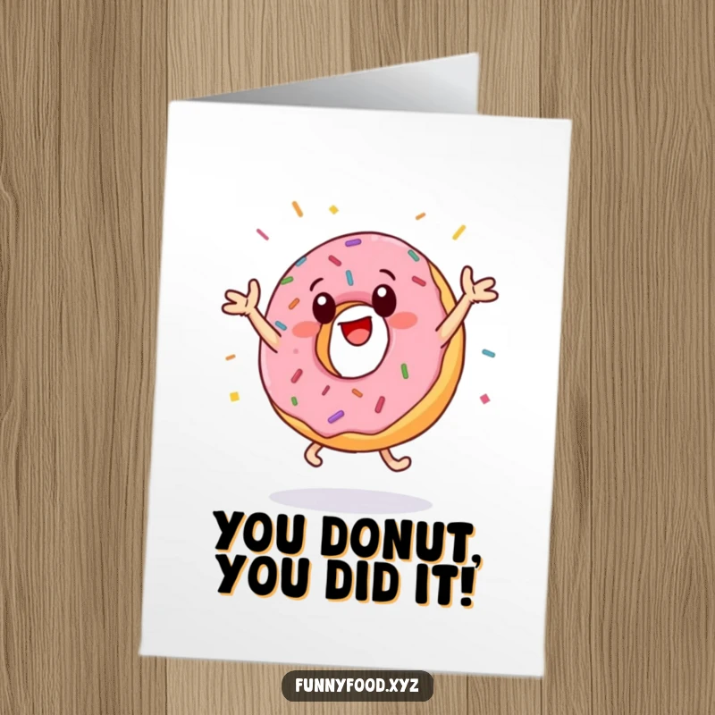 Funny Free Printable Congratulations Card: Active donut mid-jumping jack, sprinkles exploding, celebrating success!