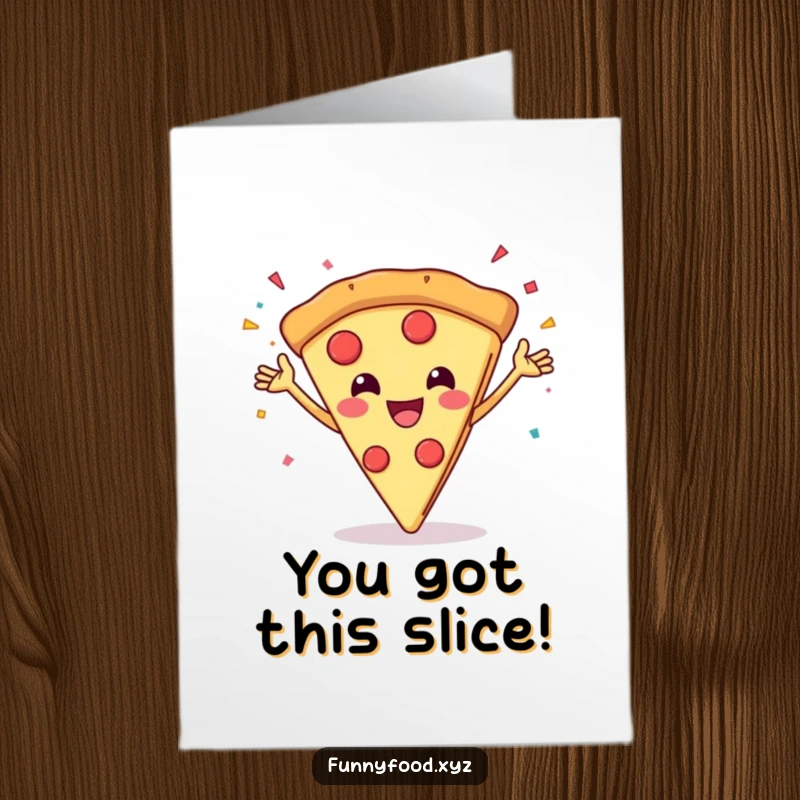 Funny Free Printable Congrats Card: A grinning pizza slice enthusiastically throws confetti, cheering for a big success.