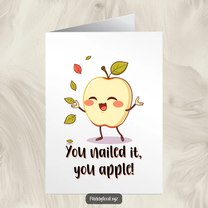 Funny Free Printable Congratulations Card: Winking apple juggles leaves, celebrating achievements with comedic flair.