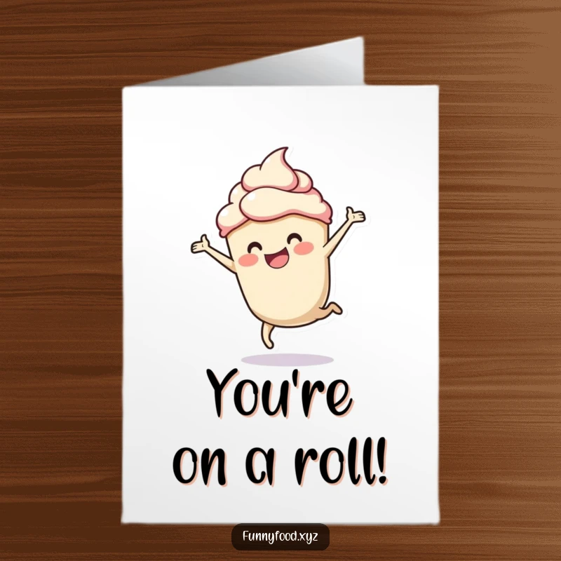 Funny Free Printable Congrats Card: A delighted cupcake with frosting executes a perfect cartwheel, celebrating a big win.
