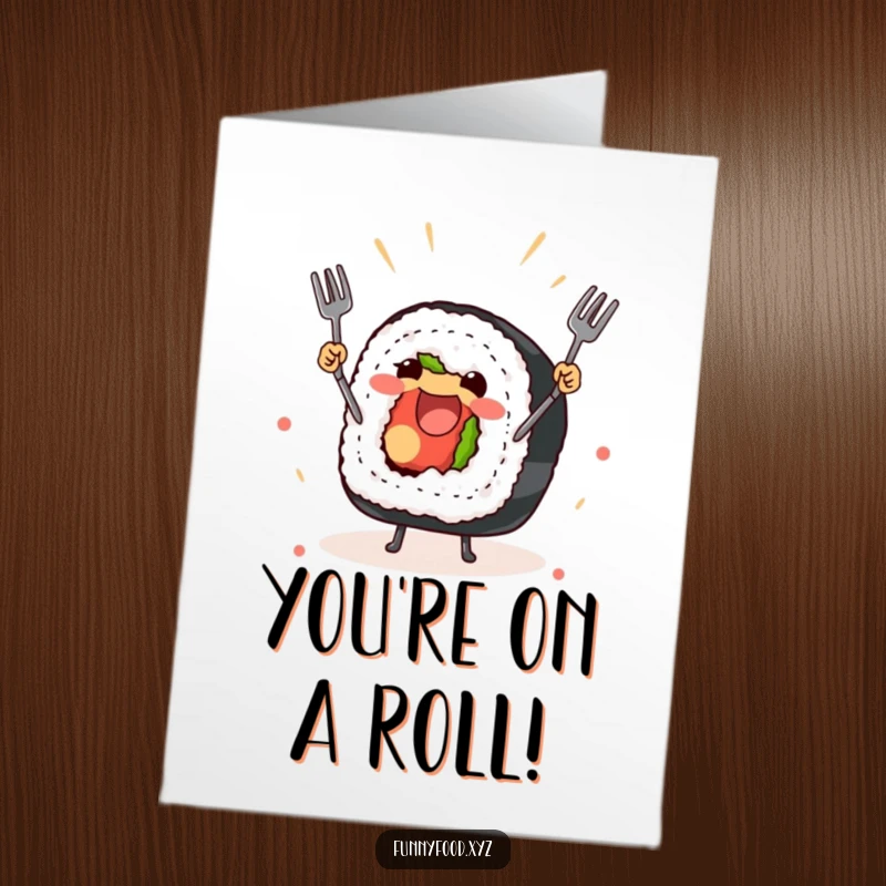 Funny Free Printable Congrats Card: A delighted sushi roll expertly juggles small forks, signifying a skillful accomplishment.