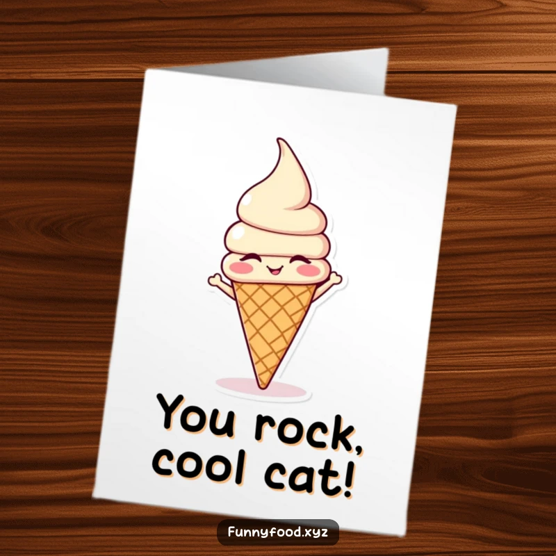 Funny Free Printable congratulations card showing a winking ice cream cone character balancing in a headstand, celebrating a big win.