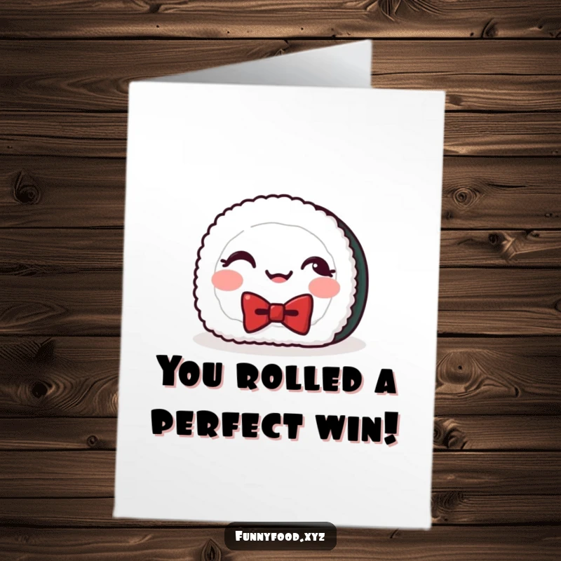 Funny Free Printable Congratulations Card: A cheerful sushi roll with a bowtie giggles heartily, celebrating a wonderful event.