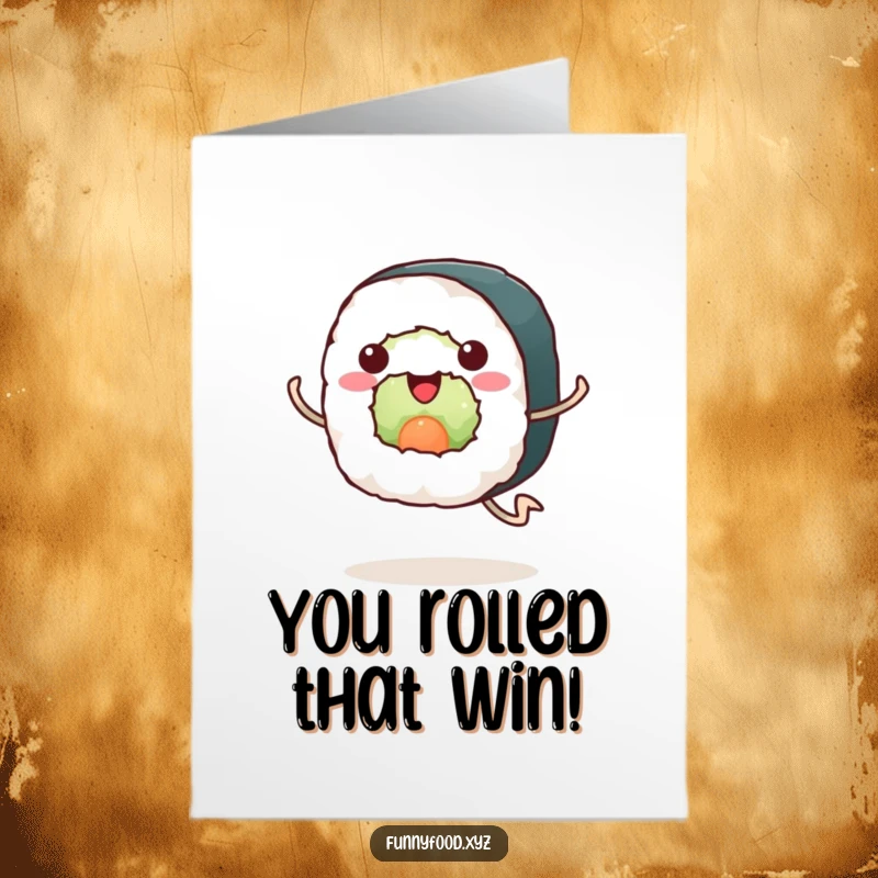 Funny Free Printable Congratulations Card: Sushi roll running fast, celebrating a successful race.