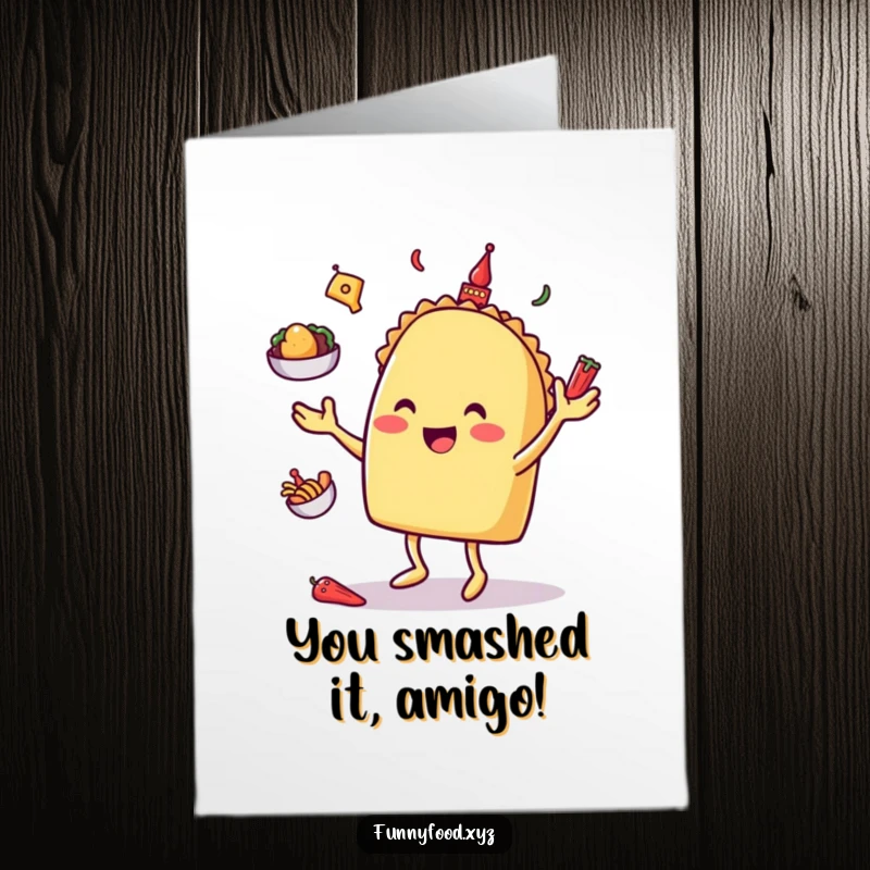 Funny free printable congratulations card of a happy taco character juggling toppings to celebrate achievement.