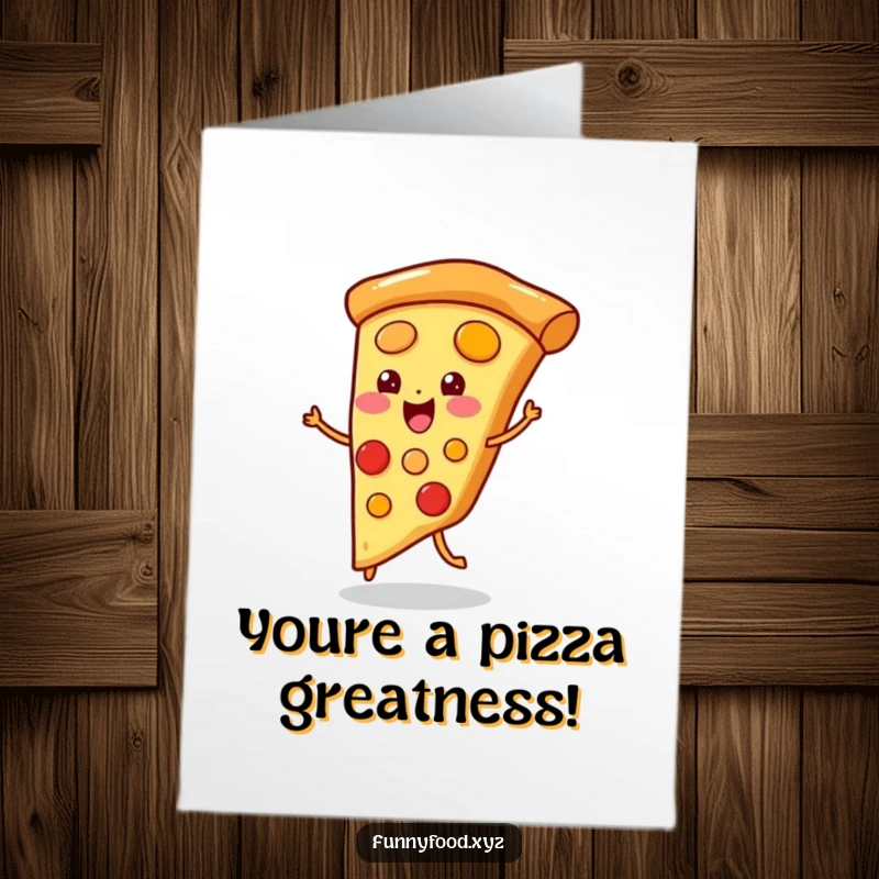 Funny Free Printable Congratulations Card: A pizza slice enthusiastically doing a jig, celebrating a successful achievement.