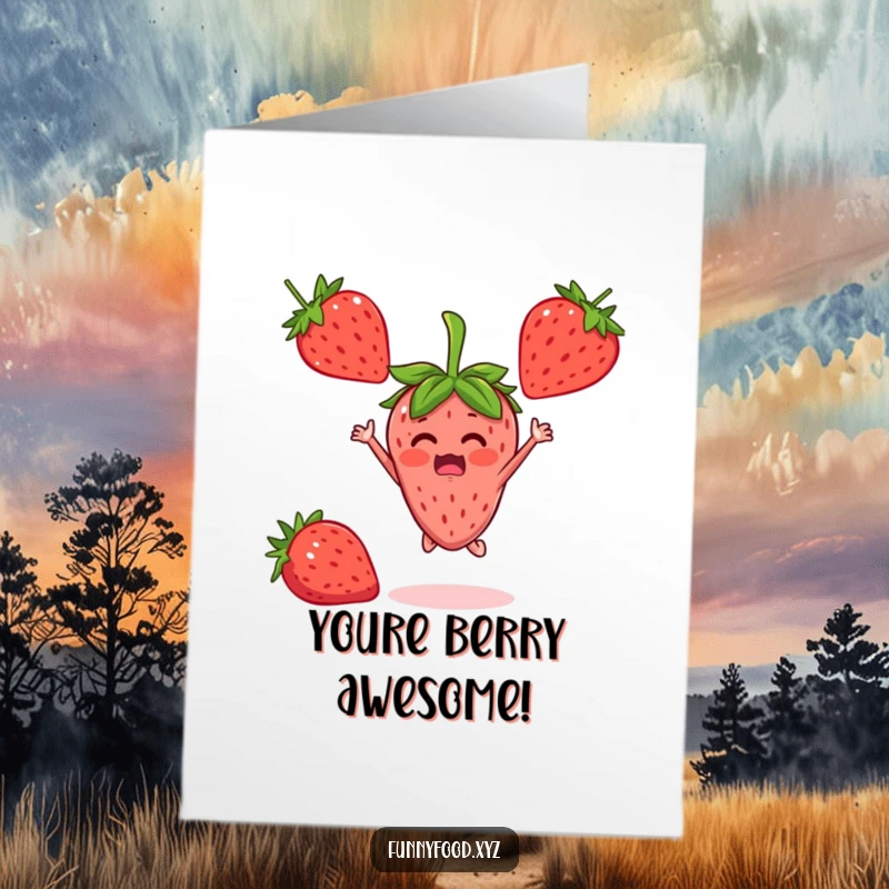 Funny Free Printable Congratulations Card: A surprised strawberry character jumps with pure delight to celebrate a fantastic achievement.