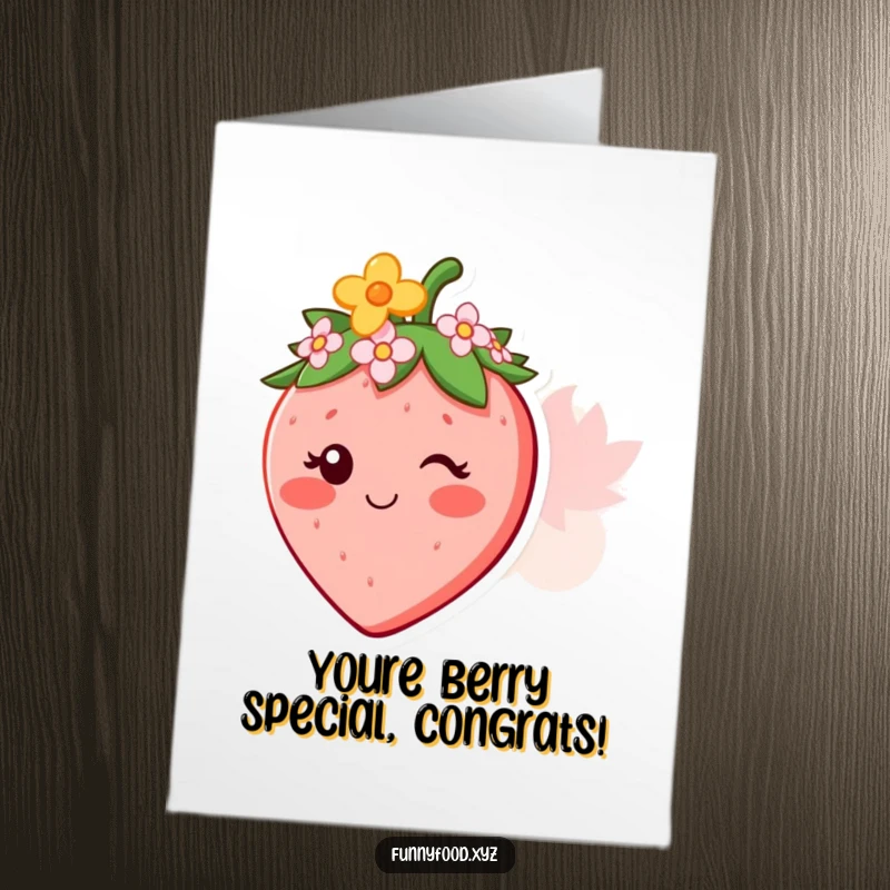 Funny free printable congratulations card showing a smiling strawberry with a tiny flower crown. A charming and sweet way to celebrate wins.
