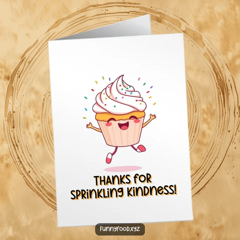 Funny Free Printable Cupcake Thank You Card: A cheerful cupcake skipping with sprinkles flying, perfect for saying thanks.