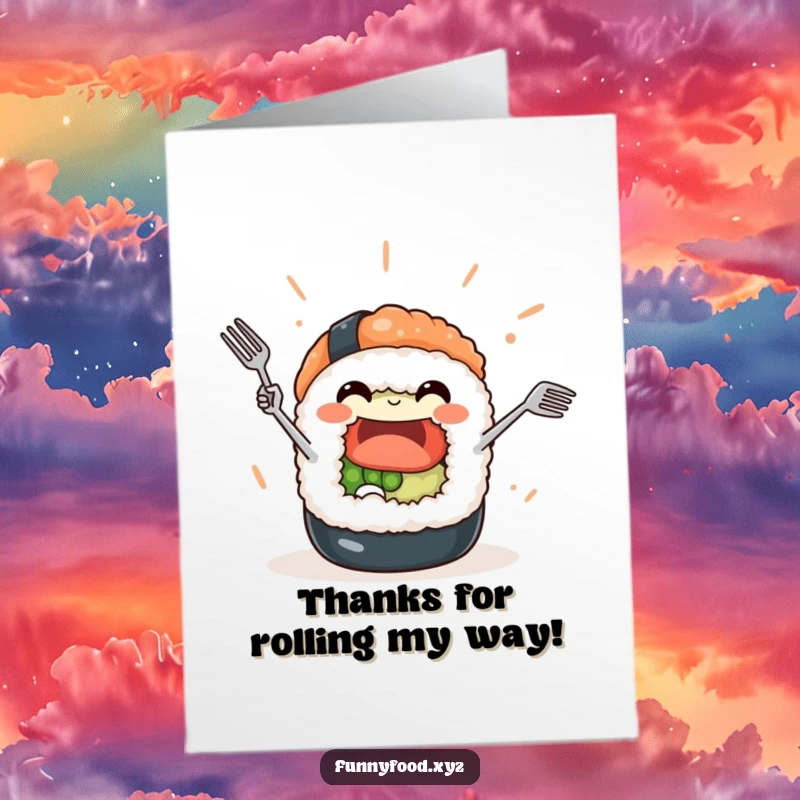 Funny Free Printable Thank You Card: A smiling sushi roll character juggling tiny forks, expressing heartfelt thanks.