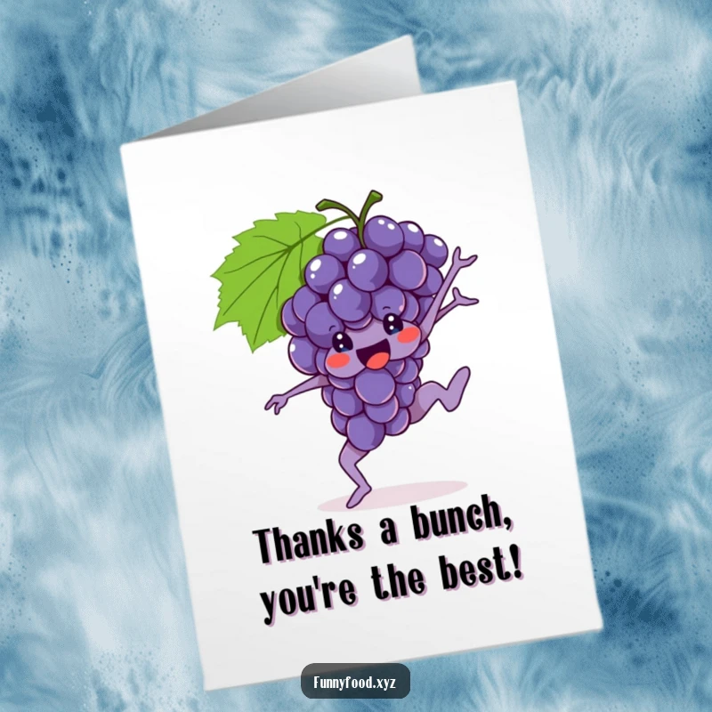 Funny free printable bunch of grapes performing a gymnastic move, expressing thanks.