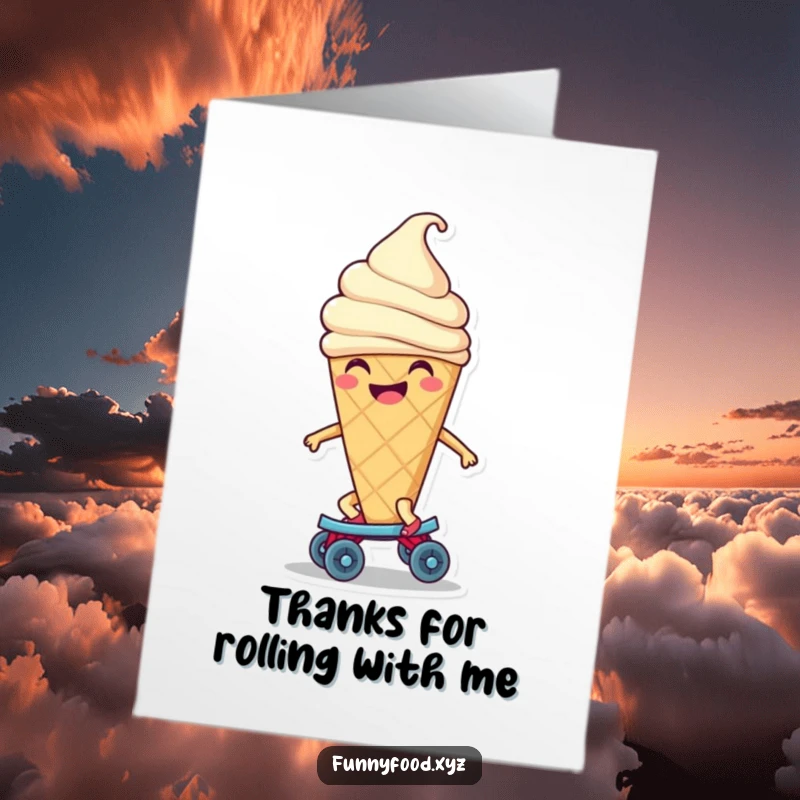 Funny Free Printable Thank You Card: Content ice cream cone smiling while skating on a roller skate, a sweet thanks!
