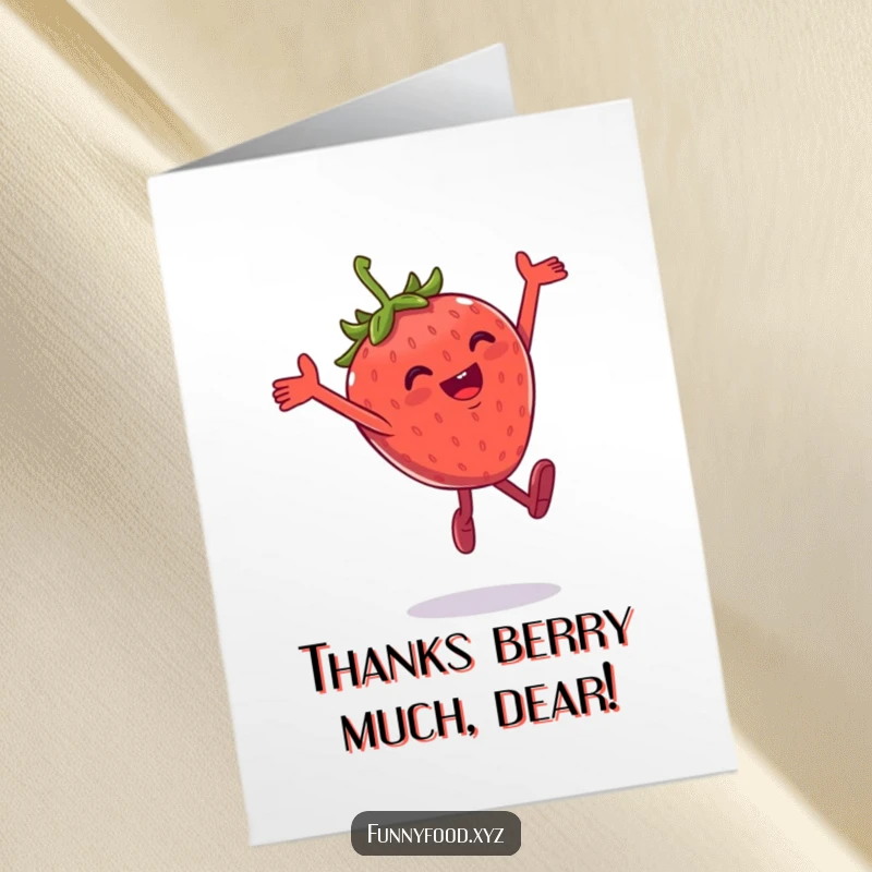 Funny Free Printable Thank You Card: A gleeful strawberry performing a playful leap to express thanks.