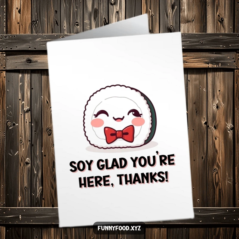 Funny Free Printable Thank You Card: A happy sushi roll with a bowtie giggles, conveying sweet and cheerful thanks.