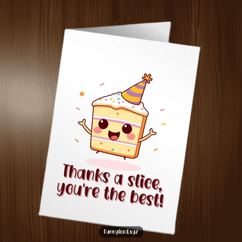 Funny Free Printable Thank You Card: A happy cake slice sporting a party hat bounces with sprinkles, a delightful downloadable.