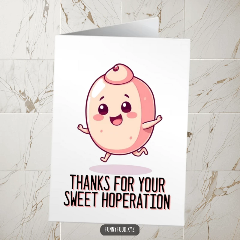 Free Printable Thank You Card showing a playful candy piece doing a little hop, conveying thanks with cheer.