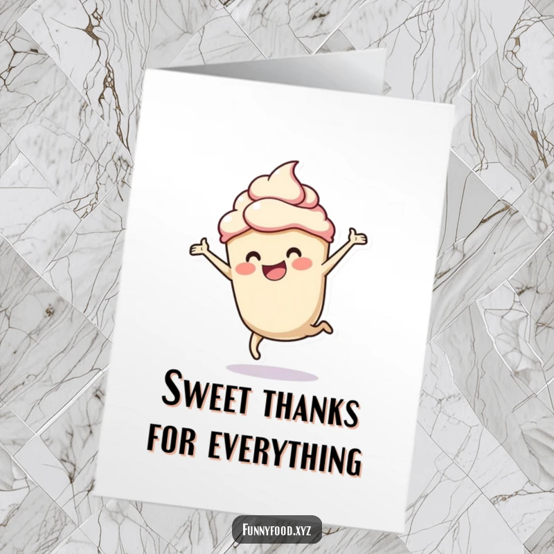 Funny Free Printable Thank You Card: A happy cupcake with frosting does a cartwheel, offering thanks with a playful spirit.