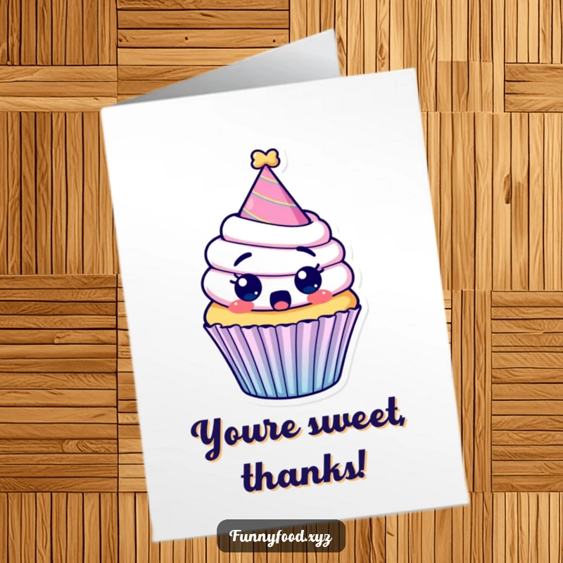Funny Free Printable Thank You Card: A surprised cupcake wearing a party hat, offering a sweet and unexpected thank you.