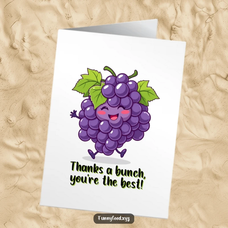 Funny Free Printable Thank You Card: Smiling grapes doing a jig and one grape rolling away, a cute downloadable.