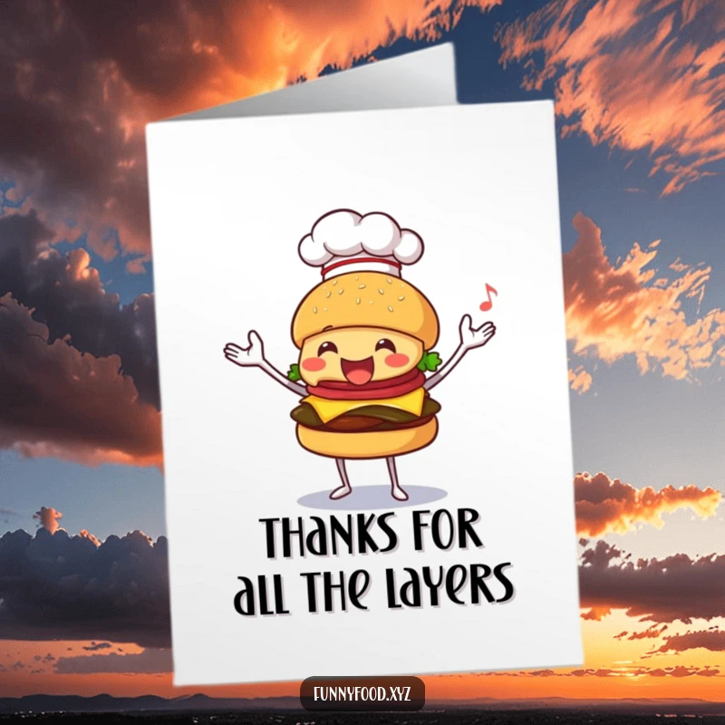 Funny Free Printable Thank You Card: Happy burger with chef hat juggling items, expressing thanks. A cute, culinary, and humorous card.