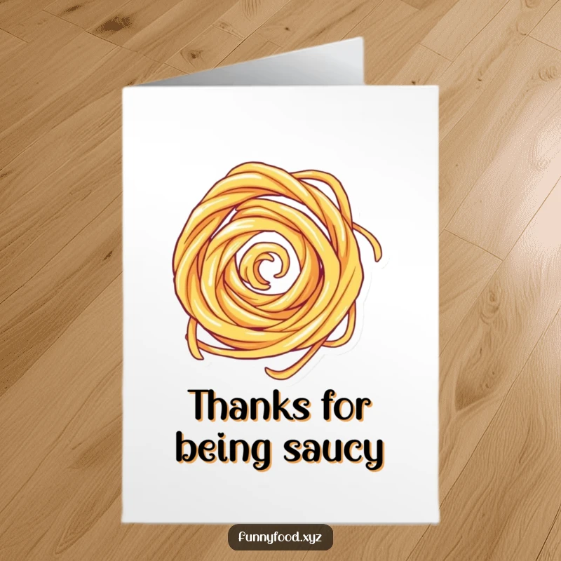 Funny free printable thank you card with a playful pasta swirl spinning quickly, expressing thanks.