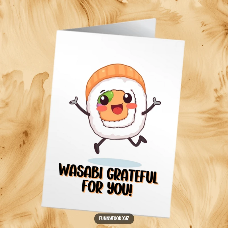 Funny Free Printable Thank You Card: A happy sushi roll with legs is running enthusiastically to deliver a message of thanks.