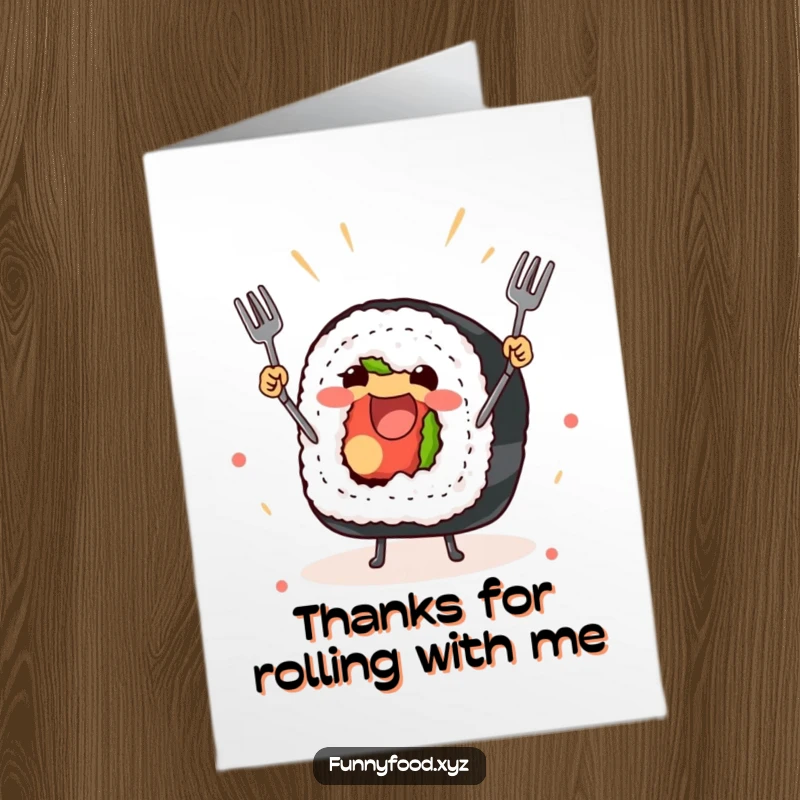 Funny Free Printable Thank You Card: A happy sushi roll entertains by juggling tiny forks, offering thanks with flair.