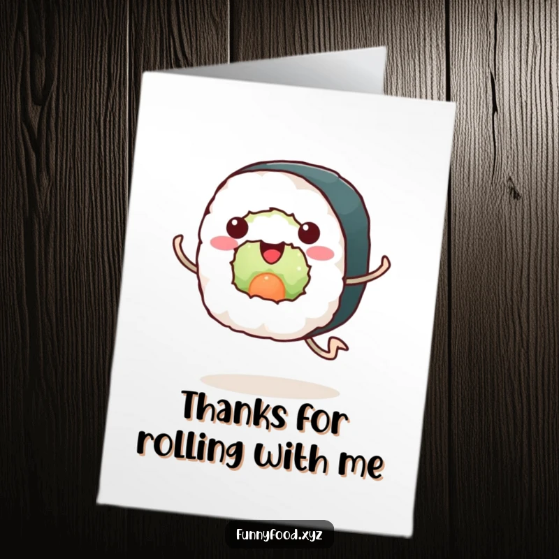 Free Printable Thank You Card: Happy sushi roll running, delivering thanks quickly.