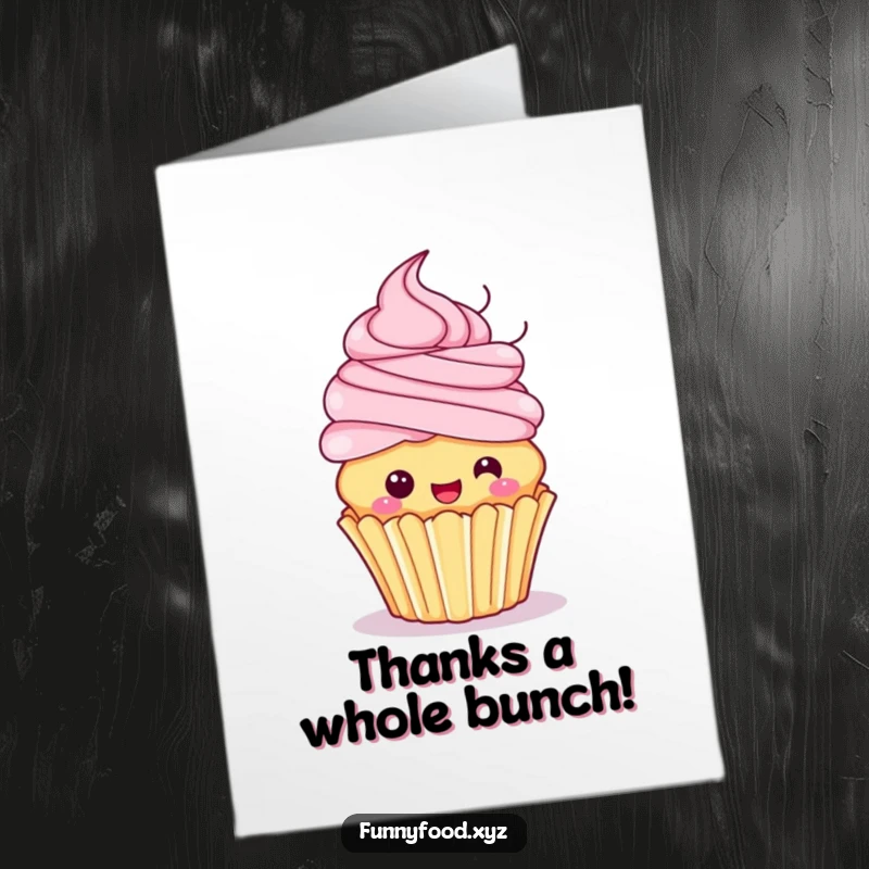 Funny Free Printable Thank You Card: A playful cupcake with frosting hair spins excitedly, showing gratitude.