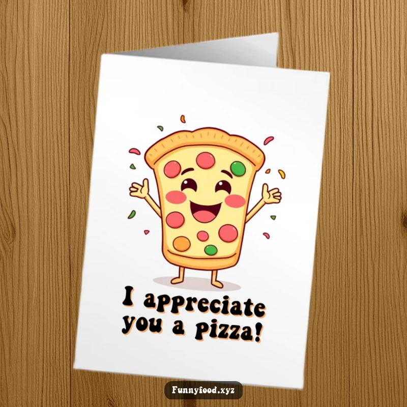 Funny free printable thank you card: A smiling pizza slice with arms exuberantly throwing confetti, expressing thanks.