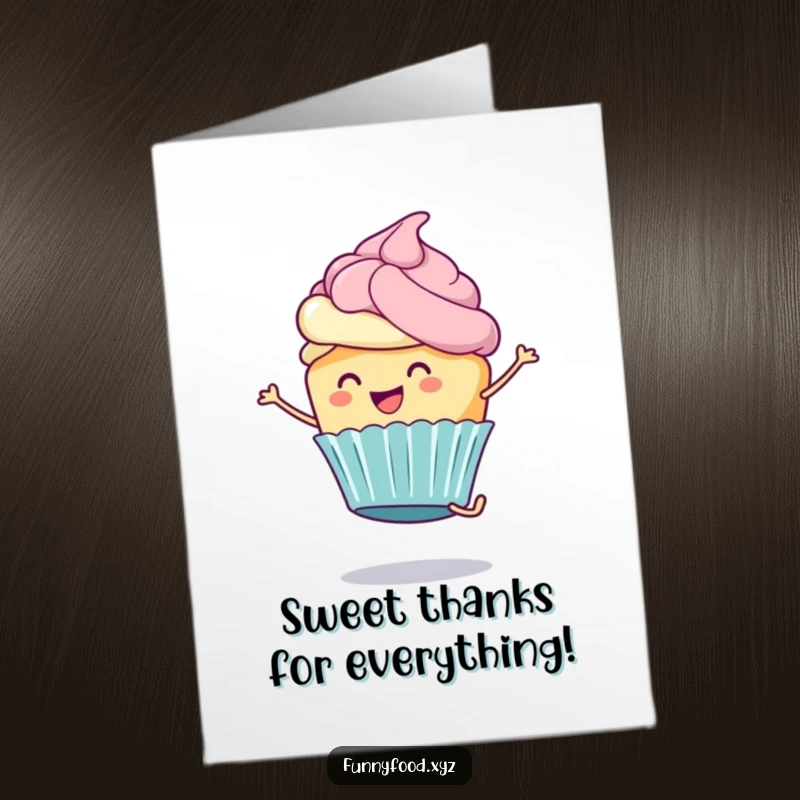Funny Free Printable Thank You Card: A happy cupcake character with frosting doing a cartwheel, conveying thanks.