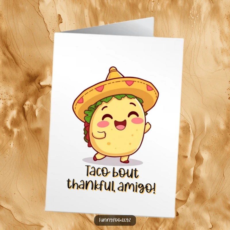 Funny Free Printable Thank You Card: A cheerful taco with a sombrero offers a delightful, shimmying thank you.