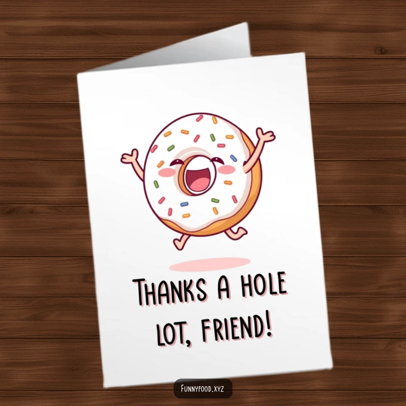 Funny Free Printable Thank You card with a leaping donut, showing appreciation with sprinkles and joy.