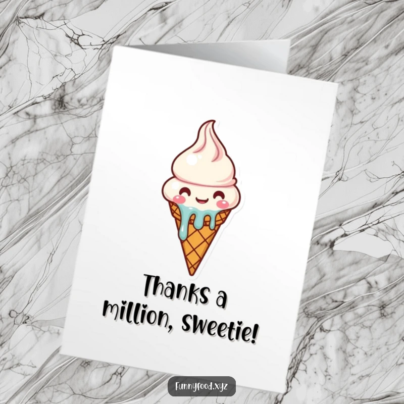 Funny Free Printable Thank You card: A charming ice cream cone character melting from happiness, a sweet way to show gratitude.