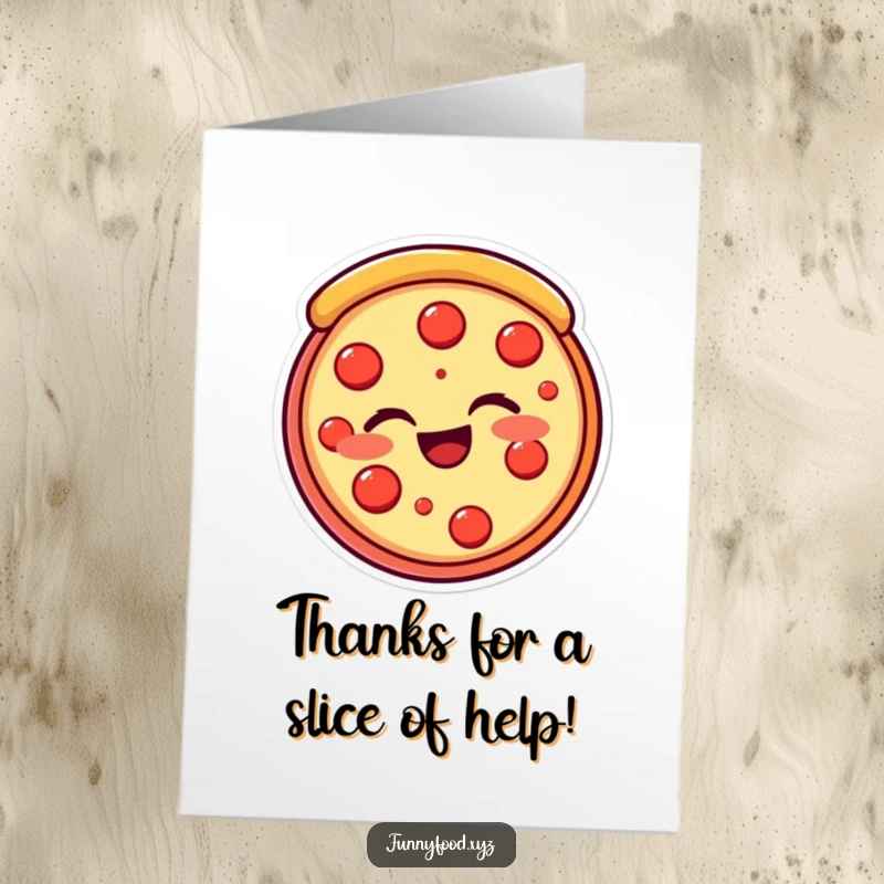 Funny Free Printable Thank You card with a beaming pizza slice giving a friendly wink.