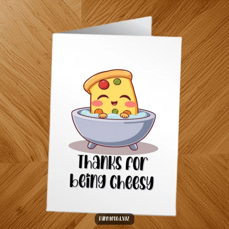 Funny Free Printable Thank You Card: A relaxed pizza slice soaks in a tub, exuding utter contentment and gratitude.